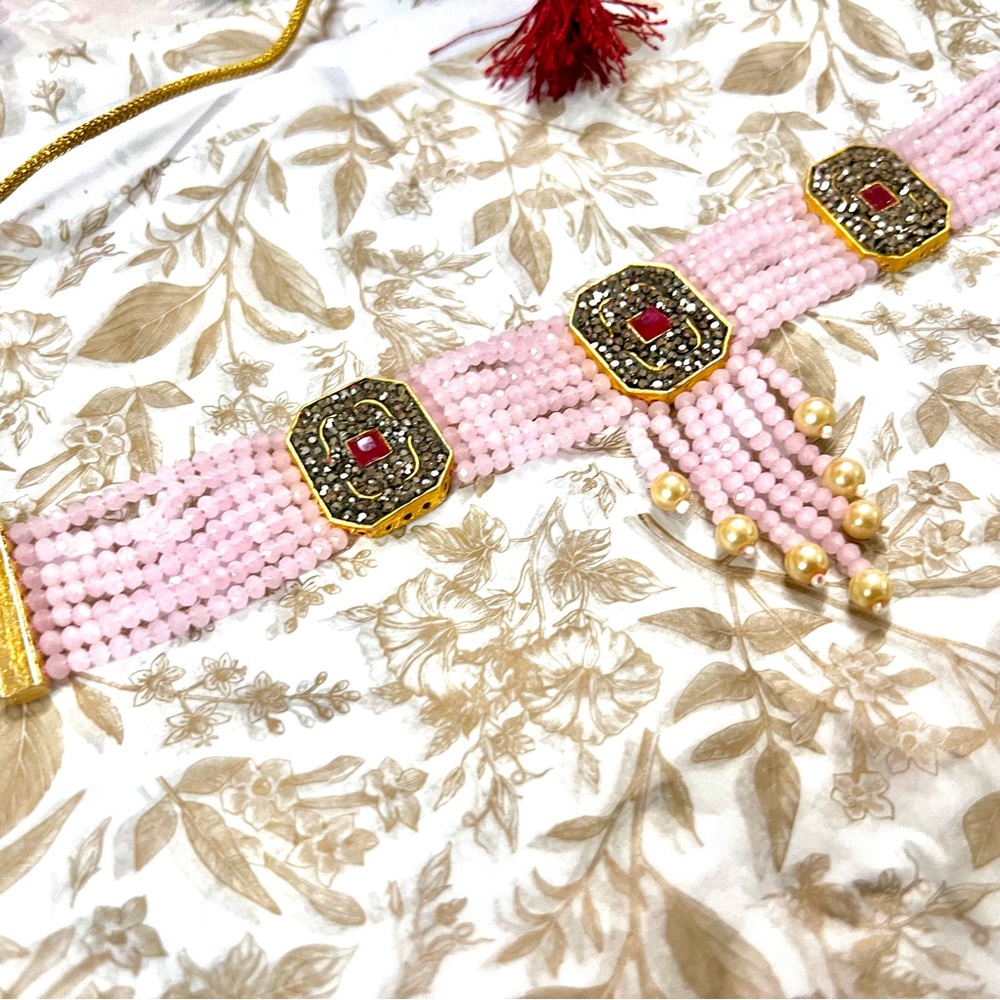 Brand New!Stunning Rose Quartz Necklace embedded w Rubies &Dark grey stones - Picture 7 of 16